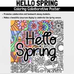 Może przedstawiać: Czarno-biała strona do kolorowania z kwiatowym wzorem i napisem "Hello Spring" w środku. Strona jest przeznaczona do wsp&oacute;lnego kolorowania.