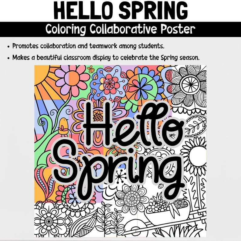 Może przedstawiać: Czarno-biała strona do kolorowania z kwiatowym wzorem i napisem "Hello Spring" w środku. Strona jest przeznaczona do wsp&oacute;lnego kolorowania.