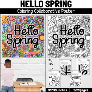 Może przedstawiać: Wsp&oacute;lny plakat do kolorowania z kolorowym wzorem kwiatowym i tekstem "Hello Spring". Plakat jest podzielony na 25 sekcji, każda z unikalnym wzorem. Plakat ma wymiary 89 cm x 89 cm.