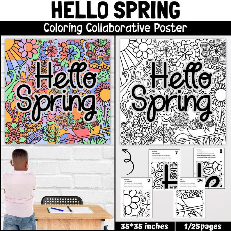 Może przedstawiać: Wsp&oacute;lny plakat do kolorowania z kolorowym wzorem kwiatowym i tekstem "Hello Spring". Plakat jest podzielony na 25 sekcji, każda z unikalnym wzorem. Plakat ma wymiary 89 cm x 89 cm.
