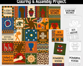 Black history month quilt project, Collaborative coloring poster, Printable art project, Bulletin board, Craft, Coloring pages, African art