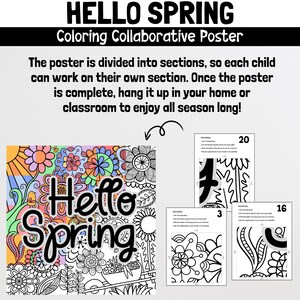 Może przedstawiać: Wsp&oacute;lny plakat do kolorowania z tekstem "Hello Spring" w czarnym obramowaniu. Plakat jest podzielony na cztery sekcje, każda z innym wzorem przedstawiającym kwiaty, liście i inne elementy związane z wiosną. Plakat jest przeznaczony do kolorowania przez dzieci.