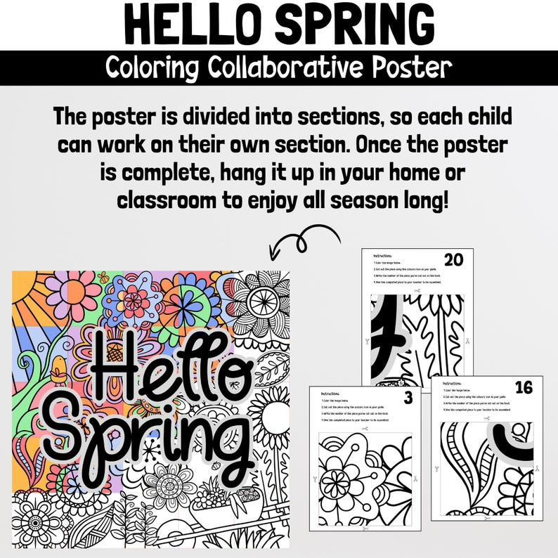 Może przedstawiać: Wsp&oacute;lny plakat do kolorowania z tekstem "Hello Spring" w czarnym obramowaniu. Plakat jest podzielony na cztery sekcje, każda z innym wzorem przedstawiającym kwiaty, liście i inne elementy związane z wiosną. Plakat jest przeznaczony do kolorowania przez dzieci.