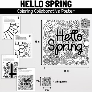 Może przedstawiać: Czarno-biały plakat do kolorowania z tekstem "Hello Spring" w dużym, ozdobnym kroju pisma. Plakat jest podzielony na 25 kwadrat&oacute;w, każdy z innym wzorem. Plakat ma wymiary 89 cm x 89 cm.