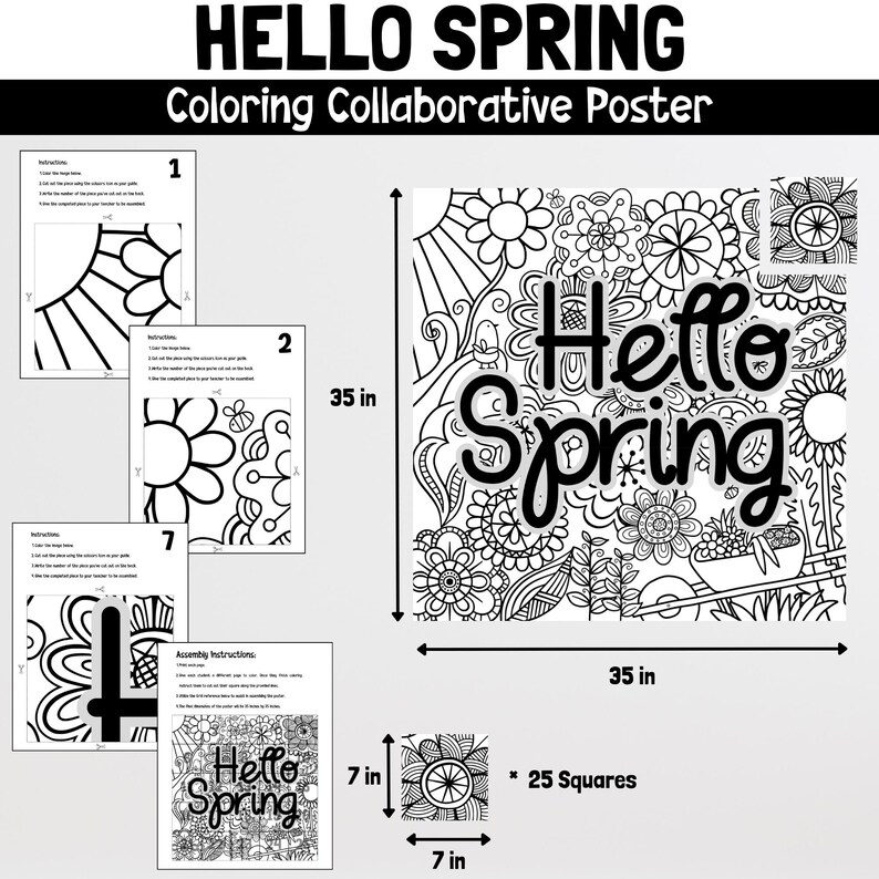 Może przedstawiać: Czarno-biały plakat do kolorowania z tekstem "Hello Spring" w dużym, ozdobnym kroju pisma. Plakat jest podzielony na 25 kwadrat&oacute;w, każdy z innym wzorem. Plakat ma wymiary 89 cm x 89 cm.