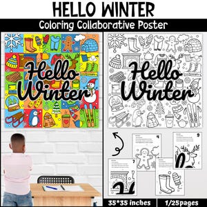Cartel para colorear colaborativo de Hola invierno, proyecto de arte, tablón de anuncios, manualidades, páginas para colorear, actividades de diciembre, imprimible para niños