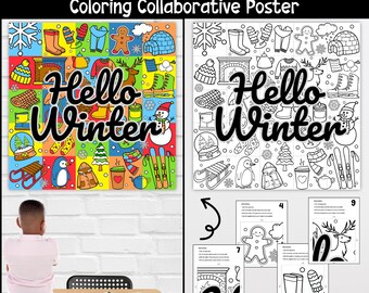 Hello Winter collaborative coloring poster, art project, bulletin board, crafts, coloring pages, December activities, printable for kids