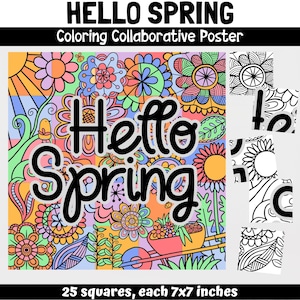 Könnte beinhalten: Ein Malposter mit einem bunten Blumenmuster und dem Text "Hello Spring". Das Poster ist in 25 Quadrate unterteilt, jedes mit einer Größe von 7x7 Zoll.