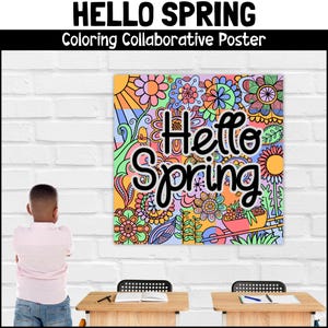 Może przedstawiać: Kolorowy plakat do wsp&oacute;lnego kolorowania z kwiatowym wzorem i tekstem "Hello Spring". Plakat wisi na białej ceglanej ścianie. Dziecko stoi przed plakatem i na niego patrzy.