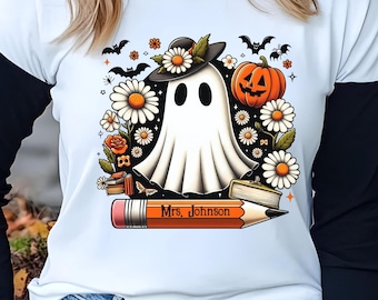 Personalized Halloween Teacher Name PNG, Retro Teacher Ghost with Custom Name PNG, Sublimation Design, Digital Download, Halloween PNG