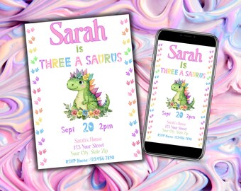 Invitación editable para fiesta de cumpleaños de dinosaurio para niña, linda invitación de cumpleaños de dinosaurio pastel, descarga digital