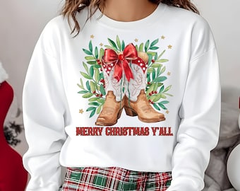 Merry Christmas Y’all PNG, Cowboy Christmas PNG Design, Western Coquette Cowboy Boots, Sublimation Design, Digital Download, Merry Christmas