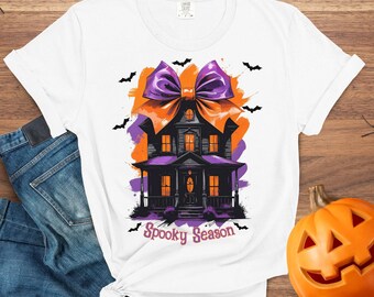 Spooky Season Haunted House with Coquette Bow PNG, Brushstroke Haunted House, Coquette Halloween Bow, Sublimation Design, Digital Download