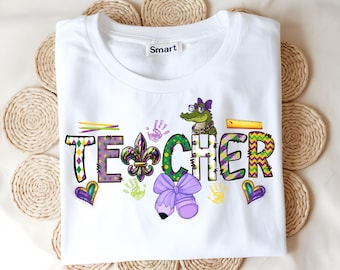 Preppy Back to School Mardi Gras Style Teacher Shirt, Mardi Gras Png, Sublimation Design, Digital Download, Laissez Les Bon Temps Rouler