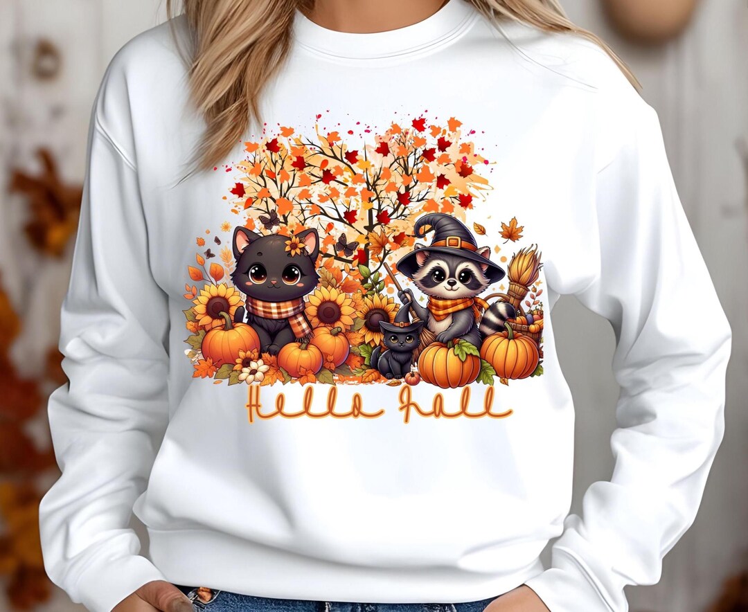 Hello Fall Cute Raccoon and Cat PNG, Autumn Animals, Fall Pumpkin PNG ...