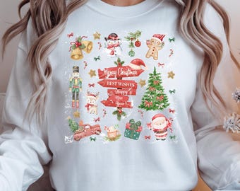 May include: White sweatshirt with a colorful Christmas-themed graphic. The design includes a snowman, Santa Claus, a Christmas tree, and the words "Merry Christmas, Best Wishes, Happy New Year!"
