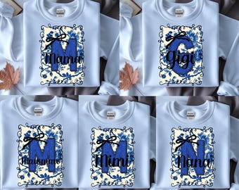 Blue Floral Mama, Mimi, Mawmaw, Nana, Gigi, PNG Bundle, Chinoiserie PNG, Blue Floral Coquette Bundle, Sublimation Design, Digital Download