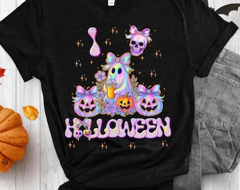 Iridescent Coquette Halloween PNG, Iridescent Spooky Season Ghost and Pumpkins, Halloween Vibes, Sublimation Design, Digital Download