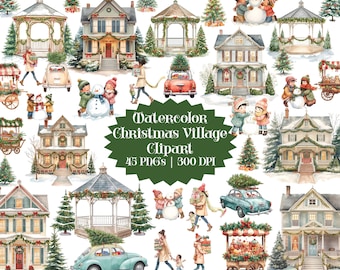 Watercolor Christmas Village Clipart Bundle, Holiday Town PNG (Digital Download)