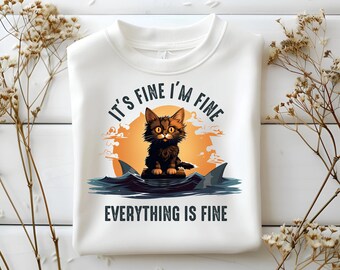 Ich bin in Ordnung, es ist in Ordnung, alles ist in Ordnung, lustiges PNG Design, Katze, die im Ozean schwimmt, umgeben von Haien, Sublimationsdesign, digitaler Download