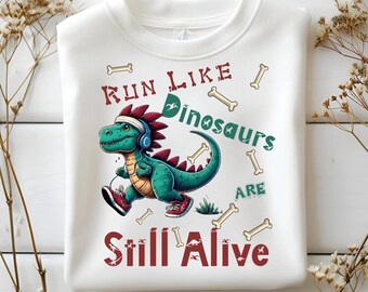 Courez comme des dinosaures toujours vivants, conception PNG, dinosaure drôle portant des chaussures de course, conception par sublimation, téléchargement numérique