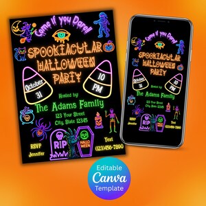 Neon-Halloween-Party-Einladung, druckbare und mobile Canva bearbeitbare Vorlagen
