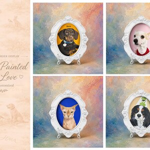 May include: Four oval white ornate frames containing custom pet portraits. The top left features a black dachshund on yellow, top right a white dog on pink, bottom left a hairless cat on blue, and bottom right a spaniel on a light background.