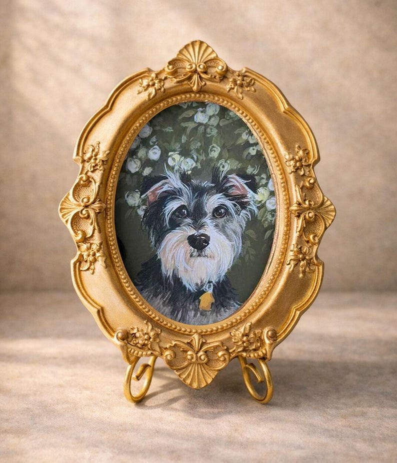 Mini retrato de mascota pintado a mano y personalizado, obra de arte conmemorativa para perros enmarcada.