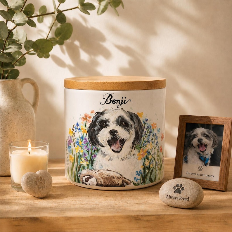 May include: A white ceramic cylindrical pet memorial urn with a wooden lid, featuring a painted illustration of a black and white dog surrounded by colorful wildflowers and the name Benji printed in black script above the dog's head.