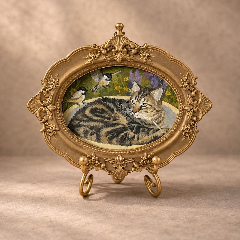 May include: An oval-shaped painting of a brown tabby cat resting in a bowl, accompanied by two small birds, set within an ornate, metallic gold-colored frame with intricate floral detailing, supported by a matching gold-toned metal display stand.