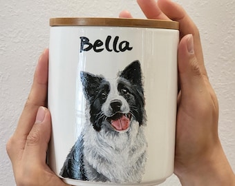 Urna de cerámica personalizada para mascotas, retrato pintado a mano, tarro conmemorativo para cenizas de perro, regalo para la pérdida de un gato, contenedor de cerámica personalizado para perro con tapa
