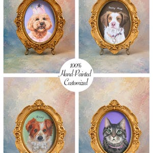 May include: Four oval gold frames with ornate detailing, each containing a hand-painted pet portrait. The portraits feature a dog with a crown, a dog named Daisy Mae, a dog named Riley, and a cat. Text in the center reads 100% Hand-Painted Customized.