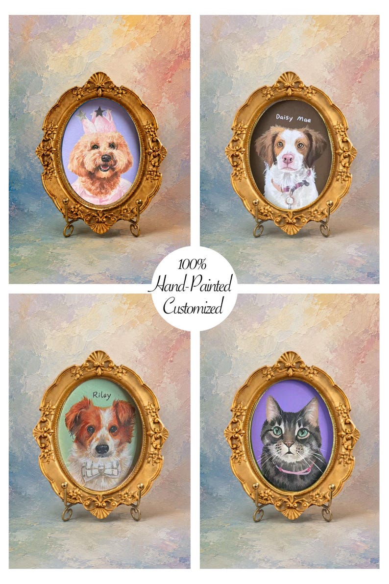 May include: Four oval gold frames with ornate detailing, each containing a hand-painted pet portrait. The portraits feature a dog with a crown, a dog named Daisy Mae, a dog named Riley, and a cat. Text in the center reads 100% Hand-Painted Customized.