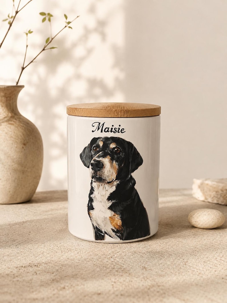 May include: A white ceramic cylindrical storage canister with a light brown wooden lid. The front of the canister features a painted illustration of a black, white, and tan dog with the name Maisie printed in black script lettering above the dog.