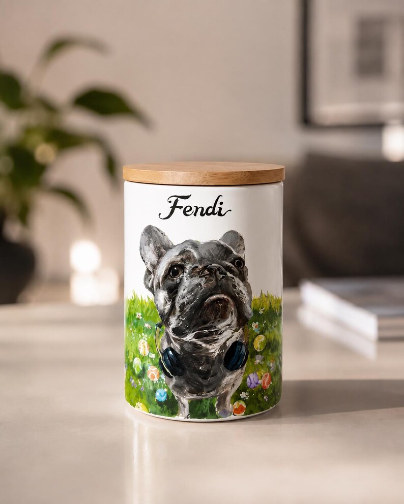 May include: A white ceramic cylindrical canister with a wooden lid, featuring a painted illustration of a grey French Bulldog wearing blue headphones, standing in a green grassy field with colorful balls, and the name Fendi written in black script.