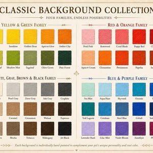 May include: A color chart titled CLASSIC BACKGROUND COLLECTION featuring four categorized groups: Yellow & Green, Red & Orange, White, Gray, Brown & Black, and Blue & Purple. Each group contains rows of small square color swatches with labels.