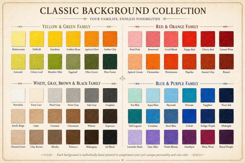 May include: A color chart titled CLASSIC BACKGROUND COLLECTION featuring four categorized groups: Yellow & Green, Red & Orange, White, Gray, Brown & Black, and Blue & Purple. Each group contains rows of small square color swatches with labels.