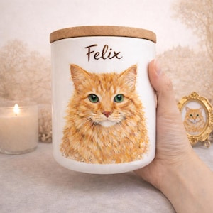 Hand Painted Pet Urn, Custom Portrait Pet Urn for Ashes, Personalized Cat Pottery Container with Lid, Pet Loss Gift, Ceramic Keepsake Urn