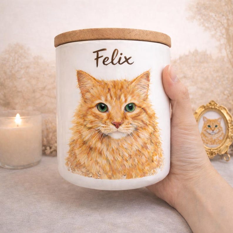 May include: A white ceramic canister with a wooden lid featuring a painted portrait of an orange tabby cat with green eyes and the name Felix written in brown script above the cat. The canister has a smooth finish and a cylindrical shape.