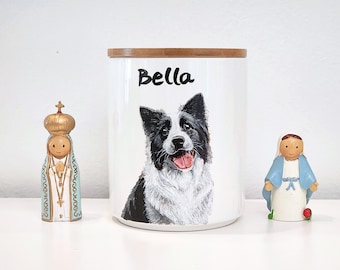 Pet Portrait Urn, Pet urn for ashes, Custom Hand Painted,  Ceramic Jar with Wood Lid, Rainbow Bridge,  Pet Portrait from Photo,Pet Memorial