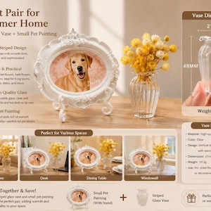 May include: A clear glass vase with a vertical striped pattern and a wavy rim, measuring 21mm in width and 48mm in height, weighing 10.3g. Beside it sits an oval white ornate frame containing a portrait of a golden dog named Daisy.