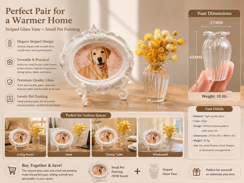 May include: A clear glass vase with a vertical striped pattern and a wavy rim, measuring 21mm in width and 48mm in height, weighing 10.3g. Beside it sits an oval white ornate frame containing a portrait of a golden dog named Daisy.