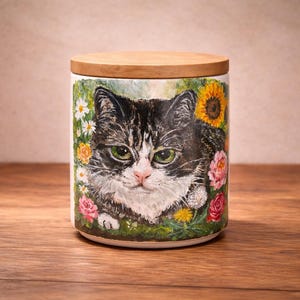 May include: A cylindrical ceramic canister with a light wood lid featuring a painted illustration of a black and white tabby cat surrounded by colorful flowers including sunflowers, daisies, and roses against a green foliage background.