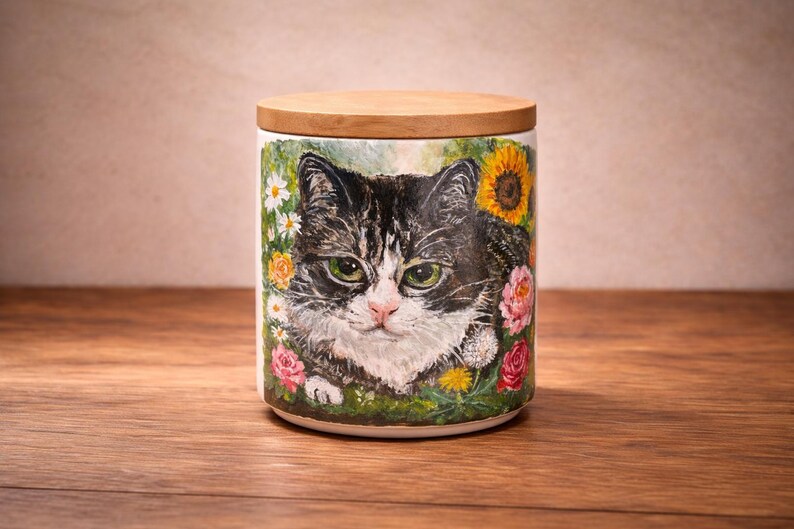 May include: A cylindrical ceramic canister with a light wood lid featuring a painted illustration of a black and white tabby cat surrounded by colorful flowers including sunflowers, daisies, and roses against a green foliage background.