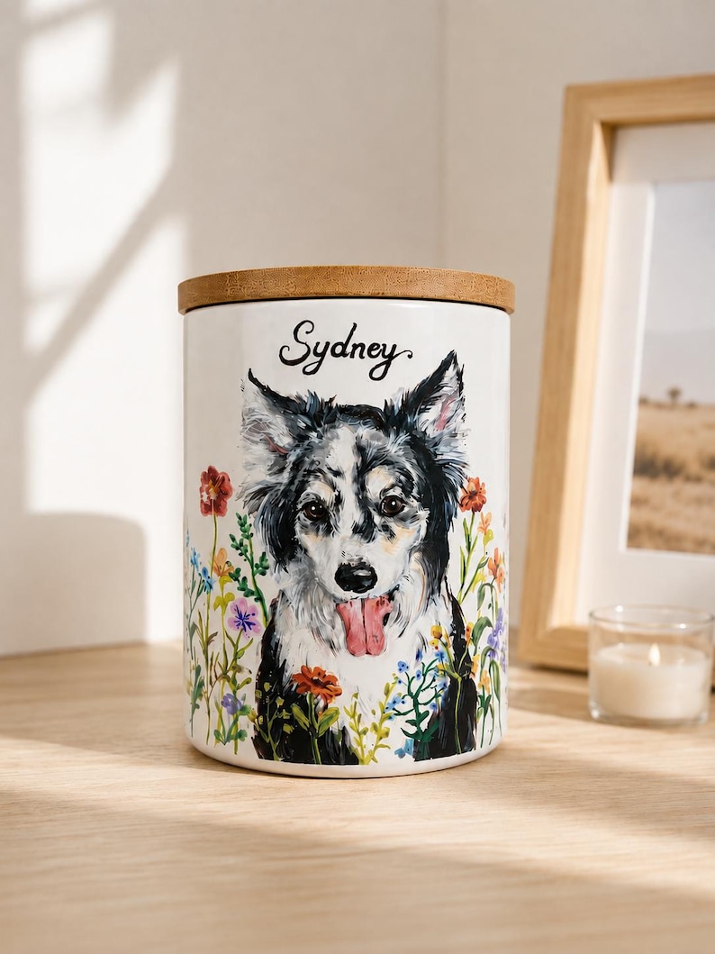 May include: A cylindrical white ceramic canister with a wooden lid featuring a painted illustration of a black and white dog with its tongue out, surrounded by colorful wildflowers, with the name Sydney written in black script above the dog.
