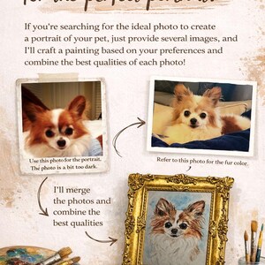 May include: A promotional graphic featuring the text Combine your photos for the perfect portrait! with two dog photos, a gold ornate frame containing a pet painting, a wooden paint palette, brushes, and a small watercolor set on a textured background.