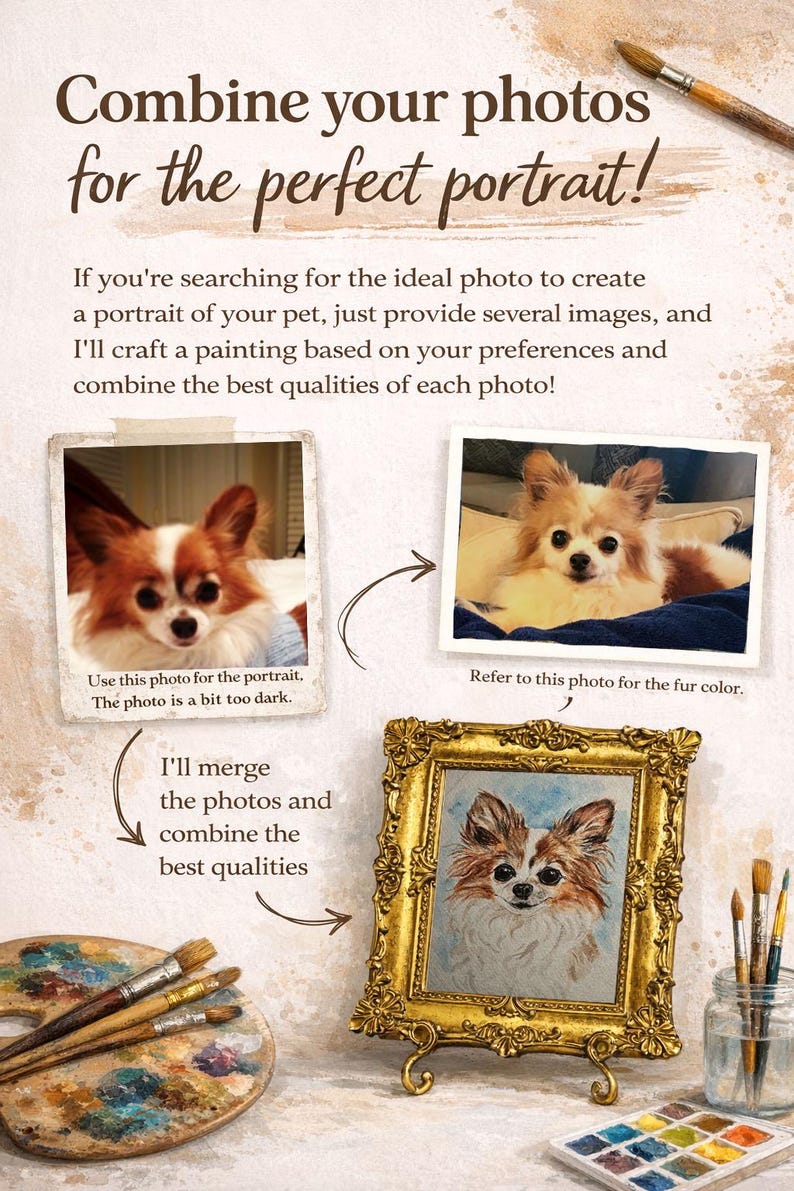 May include: A promotional graphic featuring the text Combine your photos for the perfect portrait! with two dog photos, a gold ornate frame containing a pet painting, a wooden paint palette, brushes, and a small watercolor set on a textured background.