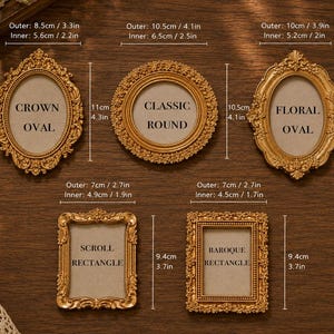 May include: Five gold-colored picture frames in various shapes including oval, round, and rectangular. Each frame features ornate detailing and includes text labels: Crown Oval, Classic Round, Floral Oval, Scroll Rectangle, and Baroque Rectangle, with specific outer and inner dimensions in inches and centimeters provided for each.