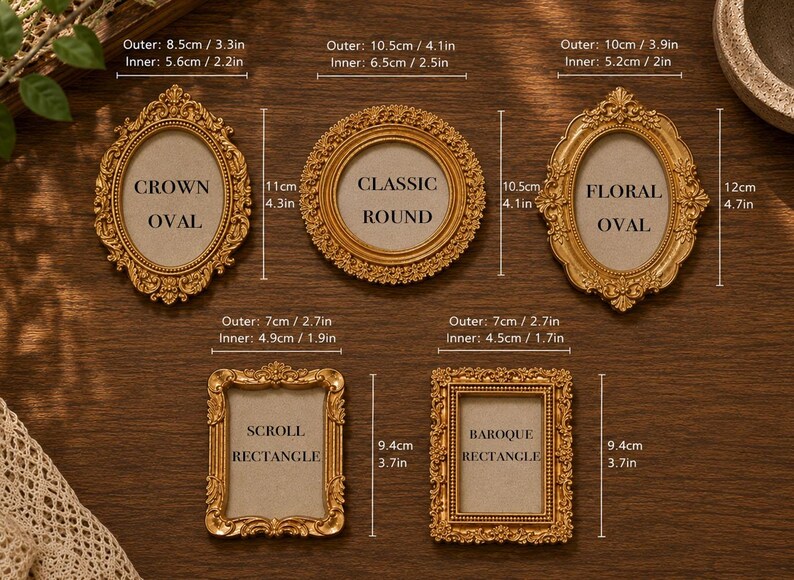 May include: Five gold-colored picture frames in various shapes including oval, round, and rectangular. Each frame features ornate detailing and includes text labels: Crown Oval, Classic Round, Floral Oval, Scroll Rectangle, and Baroque Rectangle, with specific outer and inner dimensions in inches and centimeters provided for each.