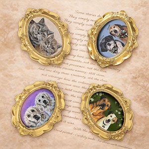May include: Four oval gold-toned frames with ornate floral edges, each containing a portrait of pets. One frame shows two cats, another shows two dogs labeled Cooper and Emma, one shows two golden dogs, and the last shows two dogs on green grass.